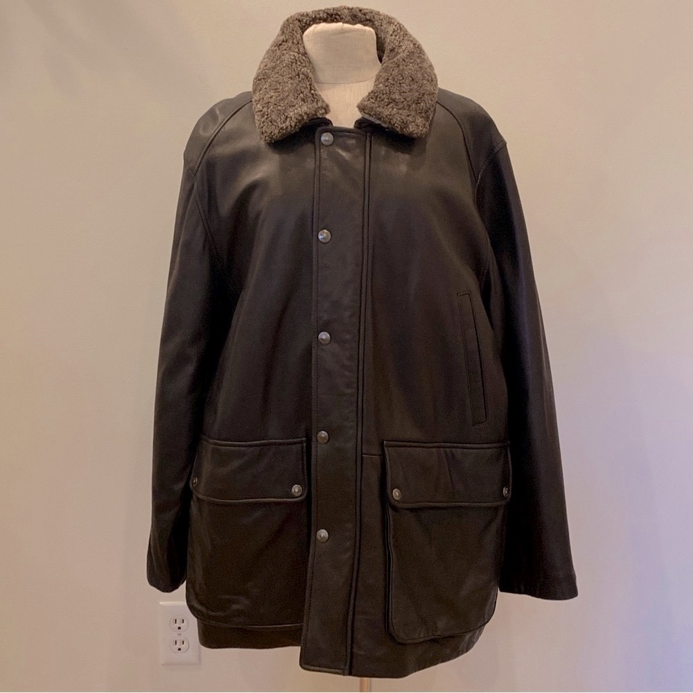 Tommy Hilfiger Mens Brown Lined Leather Coat W Removable Sherpa Collar/ Size L